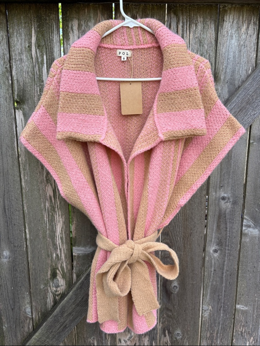 NWT POL Open Front Belted Sweater Pink Tan Size Small - Picture 2 of 9